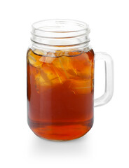 Tasty iced coffee in mason jar isolated on white