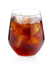 Tasty coffee with ice cubes in glass isolated on white