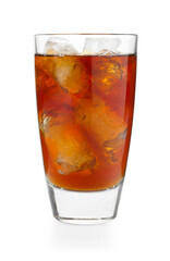Tasty coffee with ice cubes in glass isolated on white