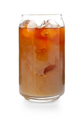 Tasty iced coffee with milk in glass isolated on white