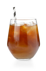 Tasty iced coffee with straw in glass isolated on white