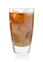 Tasty iced coffee with milk in glass isolated on white