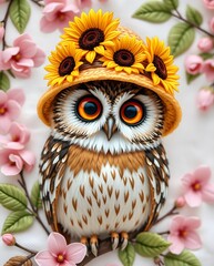 Adorable Owl Wearing a Sun Hat Adorned with Sunflowers