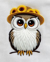Adorable Owl Wearing a Sun Hat Adorned with Sunflowers