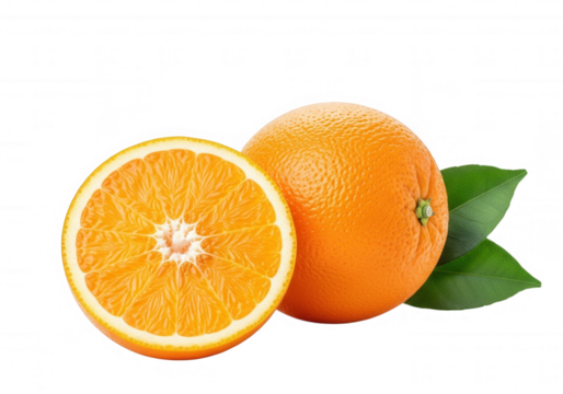 Vibrant orange citrus fruit with leaves whole halved isolated on a transparent background