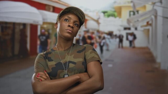 Woman soldier confidently crosses arms on busy city street wearing camouflage uniform and dogtags; pride duty.