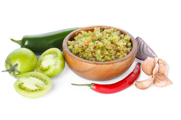 Tasty salsa in bowl and ingredients isolated on white