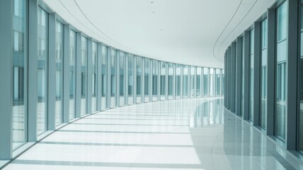 Bright, modern office hallway with curved glass windows and minimalist design for inspiration