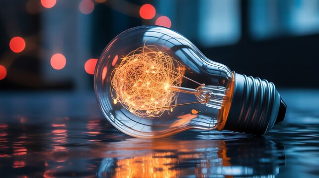 Tangled Filament Light Bulb on Reflective Surface incandescent