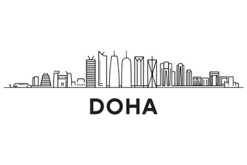 Fototapeta premium Panoramic View of Downtown Doha Line Art Skyline. Doha city black silhouette skyscrapers and buildings. with white background