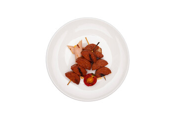 A transparent PNG image of grilled sausage, salami, and tomato on a white plate, perfect for menu and food design.