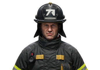 Fototapeta premium Serious firefighter in protective gear and helmet stands against black background.