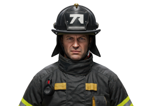 Serious firefighter in protective gear and helmet stands against black background.