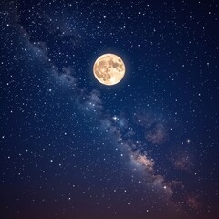 Fototapeta premium Luminous full moon illuminating a vast, star-dusted night sky, dreamy, starry