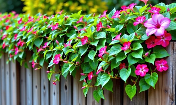 Lush green grass and vibrant leafy plants grow abundantly over a rustic wooden fence, growth, garden, countryside