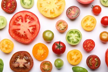 Ripe colorful tomatoes on white background, flat lay