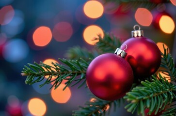 Three red baubles on a fir branch with soft bokeh lights in the background, bokeh, twinkle, joy