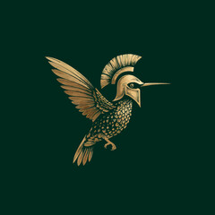 Obraz premium Elegant golden hummingbird adorned with a powerful ancient Greek warrior helmet, symbolizing agility and strength, on a deep green background.