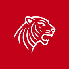 Stylized white tiger head profile illustration on a bold red background, representing strength, power, danger, and wild animal spirit.