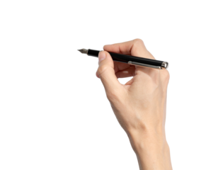 Hand Holding Fountain Pen Above Blank Paper, isolated on a transparent background