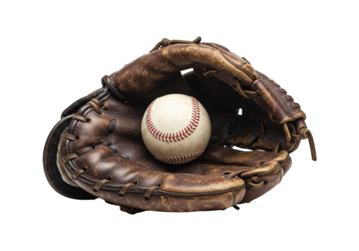 A baseball rests in a well-worn leather mitt against a dark background.