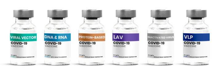 Different types of COVID-19 vaccine in glass vial bottles png with labels