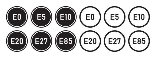 Ethanol fuel labels set, e0 e5 e10 e20 e27 e85 gasoline ethanol blend icons, biofuel fuel type stickers vector illustration