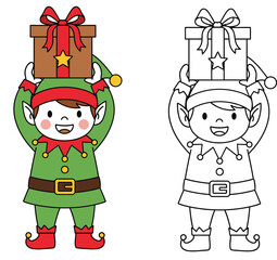 Cute Christmas Elf Holding a Gift Box - Festive Holiday Character Design for Coloring Book and Seasonal Projects