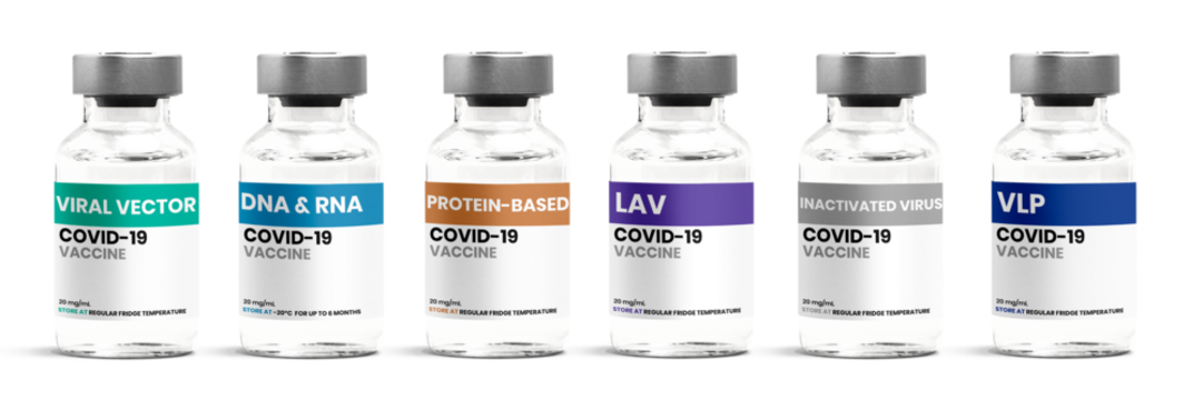 Different types of COVID-19 vaccine in glass vial bottles png with labels