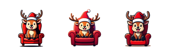 Three cartoon reindeer characters sitting in red chairs isolated on transparent background
