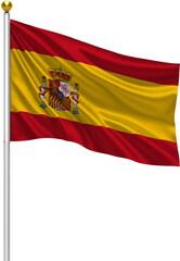 Realistic Spain Flag Waving on Pole with Silk Fabric Texture, 3D Render Isolated on Transparent Background