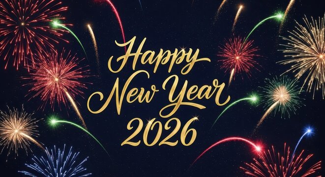 Spectacular new year 2026 fireworks celebration with festive script typography lighting up the night sky
