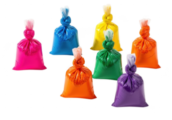 Vibrant holi powder bags for colorful celebrations and festivals. Seven bags of colorful holi powder isolated on transparent background, each a different color, creating a vibrant display
