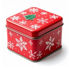 Red Festive Tin Box with Snowflake Pattern and Green Tree Ornament