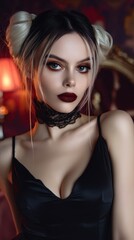 Fototapeta premium A woman with light-colored hair styled in two buns, wearing a black sleeveless top and lace choker, has makeup with dark lipstick, set against a blurred warm indoor background
