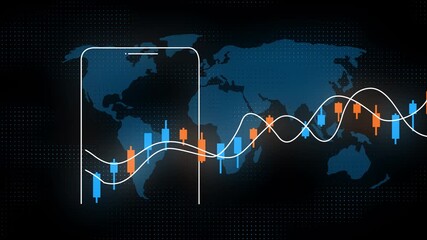 Fluctuating financial market chart with stock price analysis concept. Dynamic Stock Market Data Visualization: Colorful Representation of Financial Trends. Animation of data processing over world map - Powered by Adobe