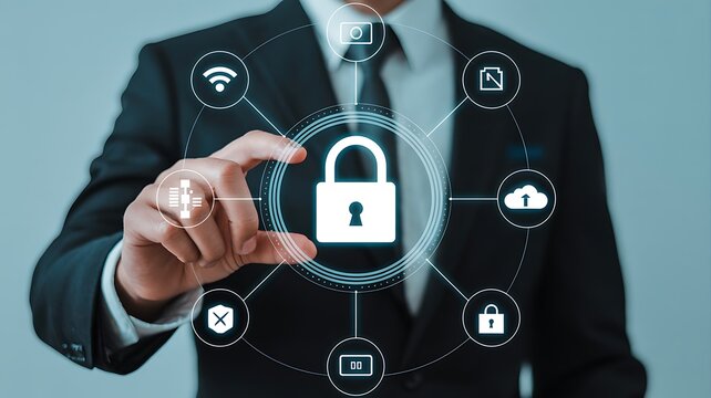 Businessman Interacting with Digital Security Icons Around a Padlock suit hand
