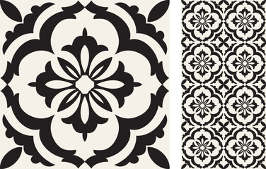 Seamless Azulejo tile. Portuguese and Spain decor. Ceramic tile in black and white. Vector hand drawn illustration, typical portuguese and spanish tile