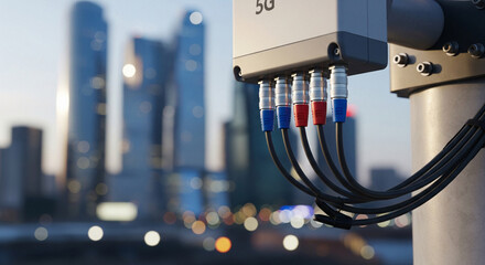 Close Up of Coaxial Cables on 5G Communication Equipment with City Bokeh Background
