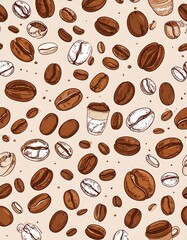 Obraz premium Illustration with varied coffee bean types scattered across a tan background