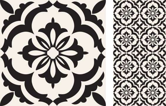 Seamless Azulejo tile. Portuguese and Spain decor. Ceramic tile in black and white. Vector hand drawn illustration, typical portuguese and spanish tile