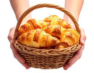 Freshly Baked Croissants in Basket Presented by Hands, isolated on a transparent background