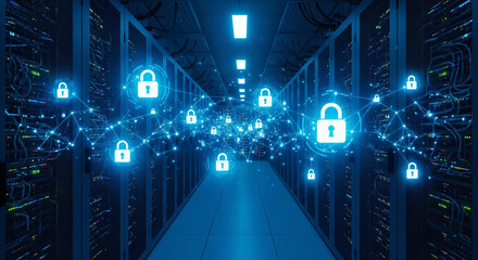 Cybersecurity Concept with Padlocks and Network Grid in a Server Data Center