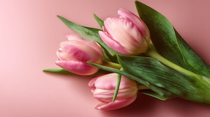 Fototapeta premium Three pink tulip flowers with green leaves on a pink background create a soft and romantic floral arrangement for spring or special occasion