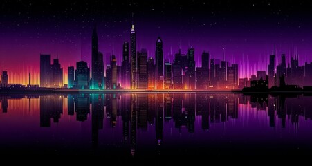 Obraz premium City skyline is reflected in the water. The city is lit up with neon lights, creating a vibrant