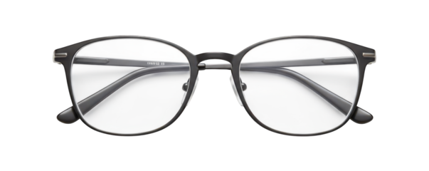 Modern eyeglasses with clear lenses and dark frames shown close up.