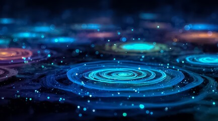 Collection of blue and red circles with a starburst effect. The circles are scattered across the image