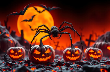 Create a Dramatic Look with this New Halloween Graphic, Showcasing Scary and Happy Pumpkins and a Huge Spider on an Intense Dark Lava Backdrop.