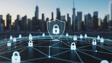 Global Network of Padlocks with City Skyline and Central Shield Icon cybersecurity data protection