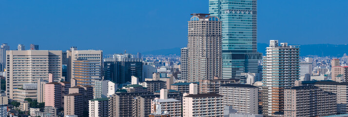 Aerial view of central Osaka with Abeno Harukas at midday